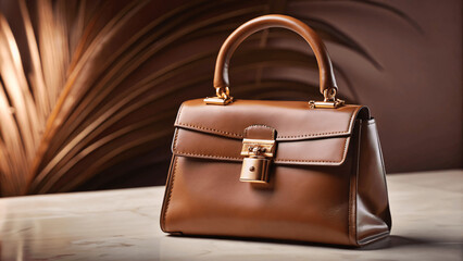 A high-resolution image of a luxury leather handbag with gold hardware, placed on a clean, minimalist surface
