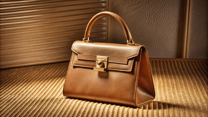 A high-resolution image of a luxury leather handbag with gold hardware, placed on a clean, minimalist surface
