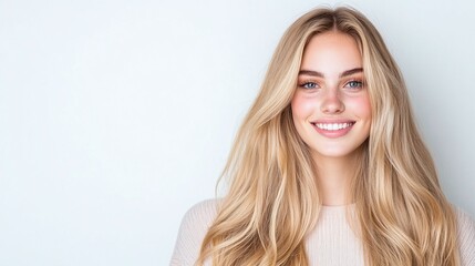 Naklejka premium Portrait of a smiling woman with long blonde hair against a light background. Ideal for beauty, fashion, and lifestyle marketing, with ample copy space for text in minimalist, modern design.