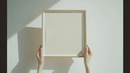 Hands Holding Wooden Frame on a Sunlit Wall