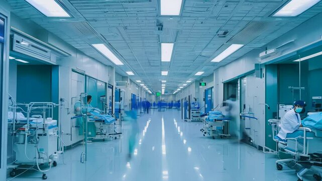 A bustling hospital corridor filled with medical professionals attending to patients, showcasing high-tech equipment and efficient healthcare operations in action.