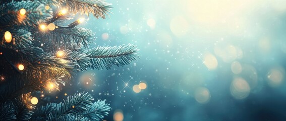 Fototapeta premium Foggy Christmas background with pine branches and lights, pastel blue background with bokeh effect space for text Generative AI