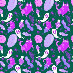 Halloween animals seamless cats and pumpkins pattern for wrapping paper