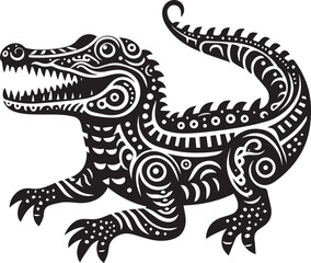 A black and white crocodile silhouette design