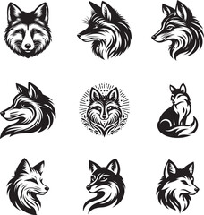Black and white fox head silhouette design collection