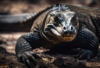 Obraz premium A Dramatic Close-up Shot Of An Intimidating Komodo Dragon Patrolling His Beach For Prey Or Threats