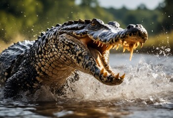 Obraz premium A Dramatic Action Shot Of A Crocodile Lunging Forward With Its Powerful Jaw Open To Catch Its Prey On A River Bank