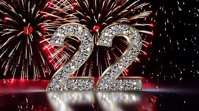 Dazzling crystal diamond number twenty two 22 shines brightly against a contrasting dark backdrop. Fireworks in the background. For congratulations and anniversaries