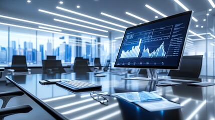 Fototapeta premium Strategic Market Analysis Display: Sleek Office Ambiance, Trend Data Visualization, Modern Workspace for Business Insights and Textual Expansion