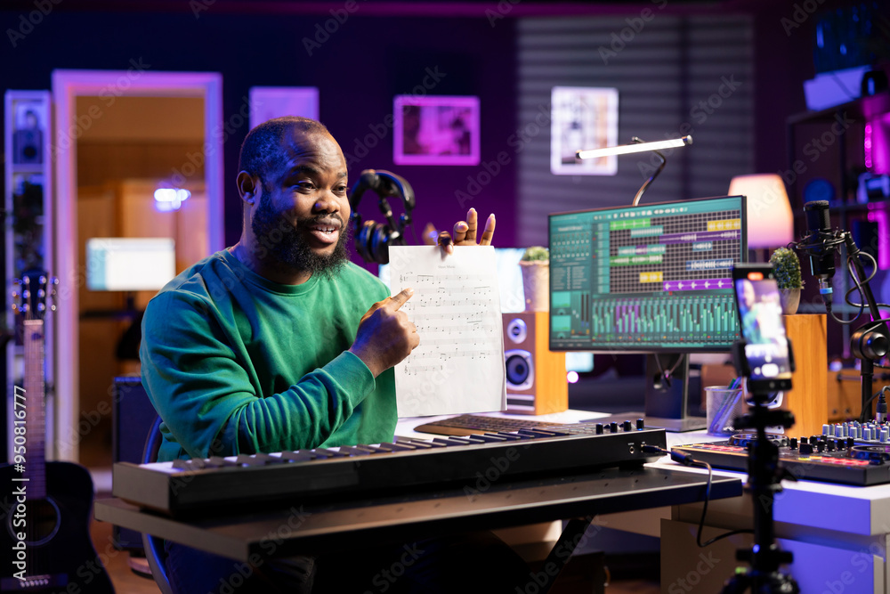 Poster Young songwriter explaining music sheet with notes on online master class vlog, hosting internet lessons in his home studio. Artist composer teaching people how to sing on midi controller instrument.