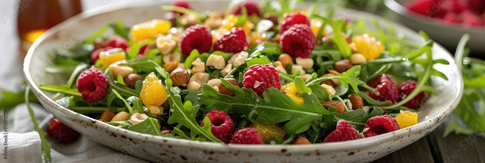 Wall mural Vibrant summer salad featuring arugula, red and yellow raspberries, hazelnuts, and a honey dressing served in a rustic white ceramic bowl.