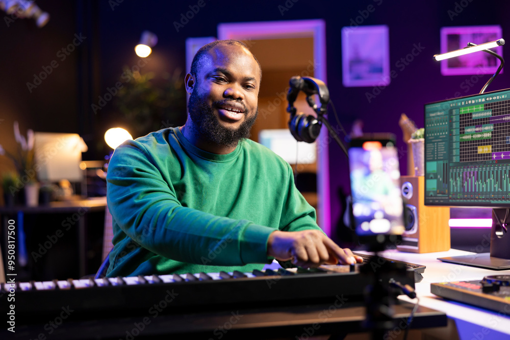 Poster Musician doing online paid classes to help people play piano notes, teaching lessons from his home studio and recording video tutorials. Musical instructor playing midi controller keyboard.