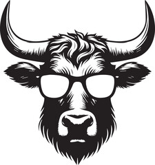 Obraz premium Black and white cow head, wearing glassess silhouette design