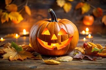 Halloween Pumpkin Lantern Glowing Amidst Autumn Leaves and Candlelights for Seasonal Decor and Celebrations