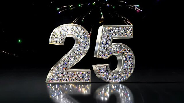 Dazzling crystal diamont number twenty five 25 shines brightly against a contrasting dark backdrop. Fireworks in the background. For congratulations and anniversaries