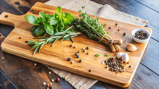 A realistic image of a polished wooden cutting board with fresh herbs and spices
