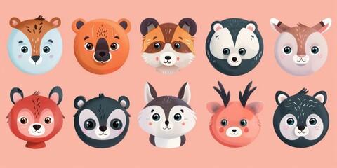 A collection of adorable, hand-drawn animal faces with expressive eyes, featuring various forest creatures in a cartoon style.