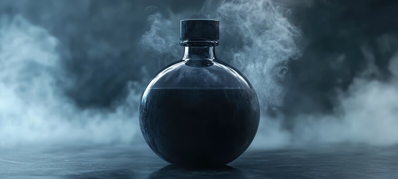 A round flask of thick, black liquid, with wisps of smoke swirling within