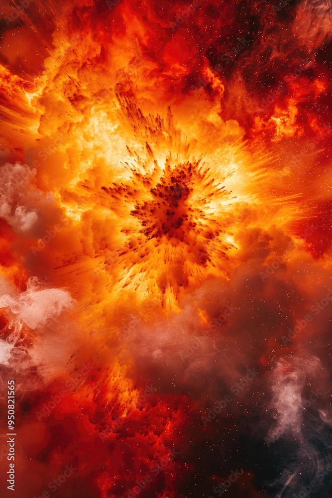 Poster A dramatic display of orange and red clouds exploding in the sky