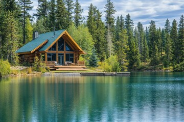 Obraz premium A beautiful log cabin with large windows, sitting on the edge of an expansive lake surrounded by tall trees