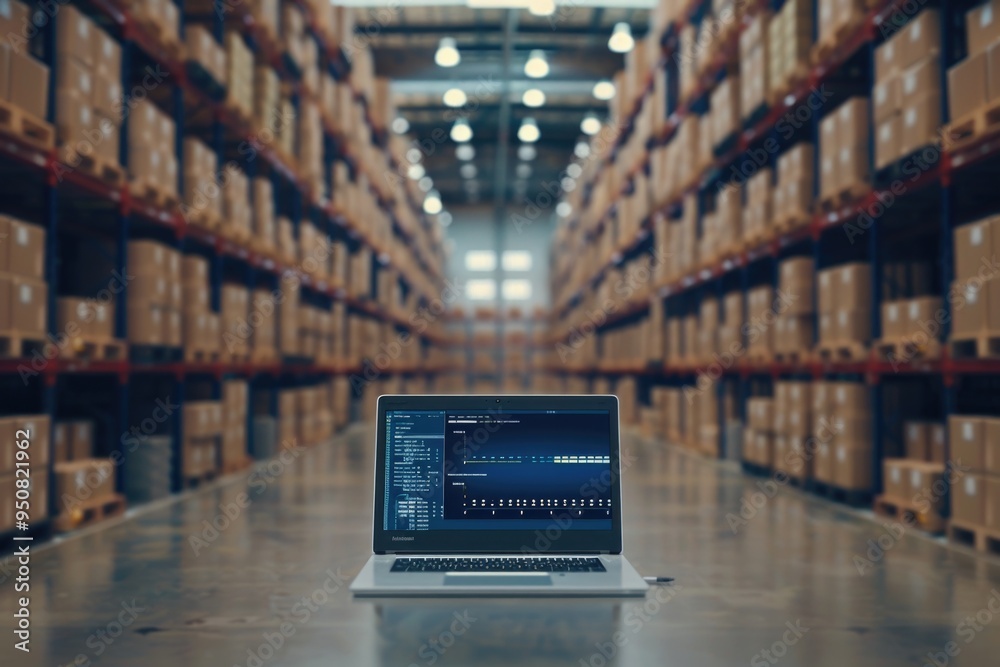 Poster a laptop computer placed on a table in a warehouse setting, suitable for office or industrial use