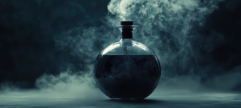 A round flask of thick, black liquid, with wisps of smoke swirling within