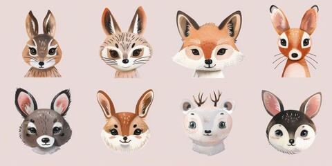 Fototapeta premium A collection of adorable, hand-drawn animal faces with expressive eyes, featuring various forest creatures in a cartoon style.