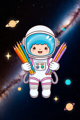 Fototapeta premium A cute astronaut in space holding colorful pencils against a backdrop of stars and planets. Back-to-school, cosmic discounts on stationery, creativity, and education concept