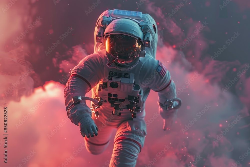 Poster an astronaut in a space suit soaring through the air with a sense of weightlessness