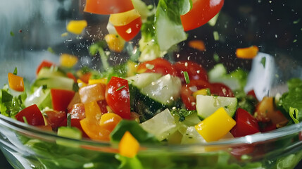 Super Slow Motion of Falling Vegetable Pieces into Bowl. Filmed on High Speed Cinema Camera, 1000 fps. Camera Tracking the Object.