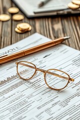 Financial Analysis with Gold Coins and Glasses on Wooden Desk