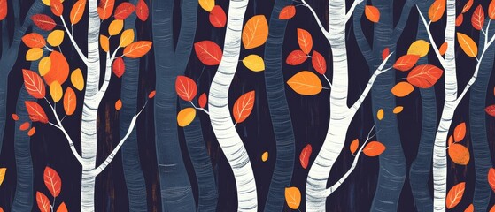 A painting of trees with orange leaves and a blue background