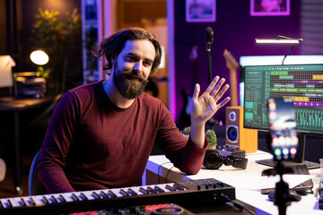 Skilled piano teacher conducting online master class via video on internet, teaching people how to hit the right notes on synthesizer. Popular musician doing electronic keyboard classes.