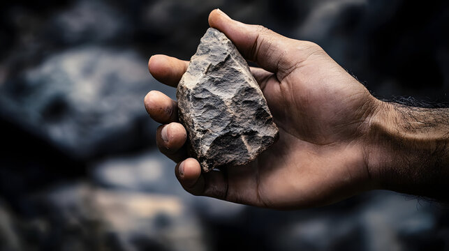 An ancient stone tool being held in a modern human hand.