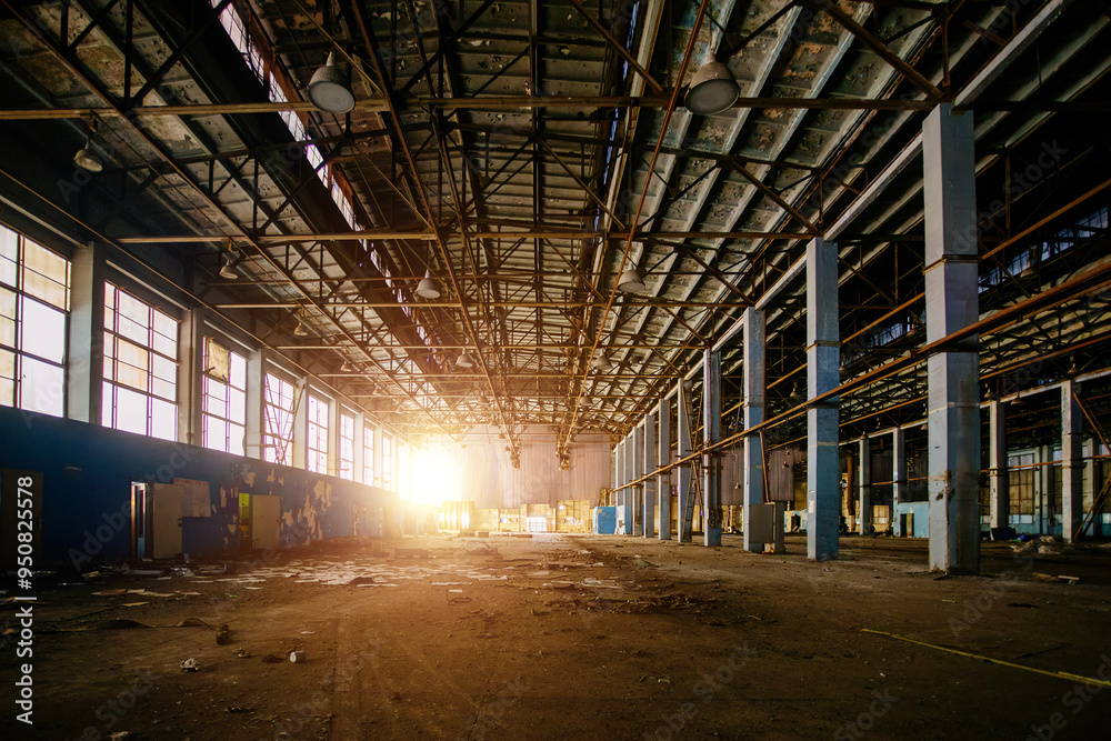 Sticker Old broken empty abandoned industrial building interior