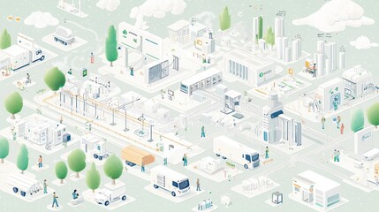 Isometric Illustration of a Modern Factory with Workers and Transportation