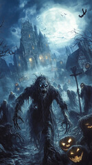 Terrifying zombies emerging from the misty darkness in front of a haunted castle under a full moon