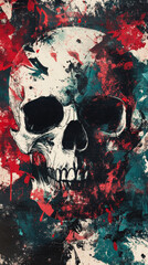 Grungy skull artwork splattered with abstract red and blue paint, evoking a dark, macabre aesthetic