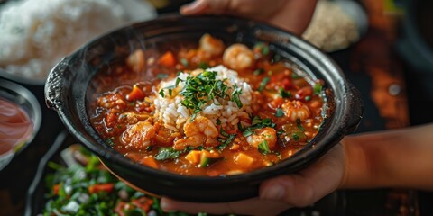 Fototapeta premium Person savoring a spicy seafood soup and rice blend in a trendy black bowl with fresh herb garnish showcasing the dish s warmth and flavor