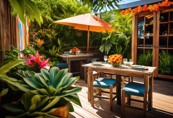 Fototapeta premium vibrant outdoor space featuring craft brews surrounded lush greenery flourishing plants refreshing experience, bar, drinks, patio, seating, garden