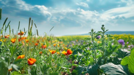 Obraz premium Cover crops enhancing biodiversity with vibrant flowers and abundant insects in a sunny field