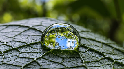 A macro image of a drop of water on a leaf, with intricate details and reflections