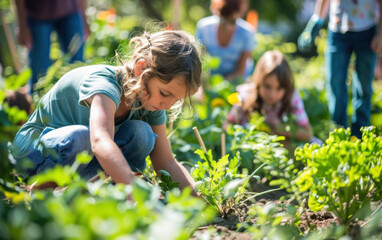 Community engagement in a vibrant garden as families cultivate crops and foster sustainability together