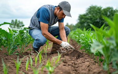 Farmer adjusting soil conditions for optimal crop growth in a lush agricultural field on a cloudy afternoon