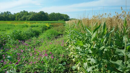 Obraz premium Diverse cover crop field with sudangrass, sorghum-sudan hybrids, and crown vetch enhancing soil health in a rural landscape