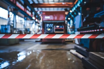 Red and white caution tape in industrial setting with machinery, scattered objects