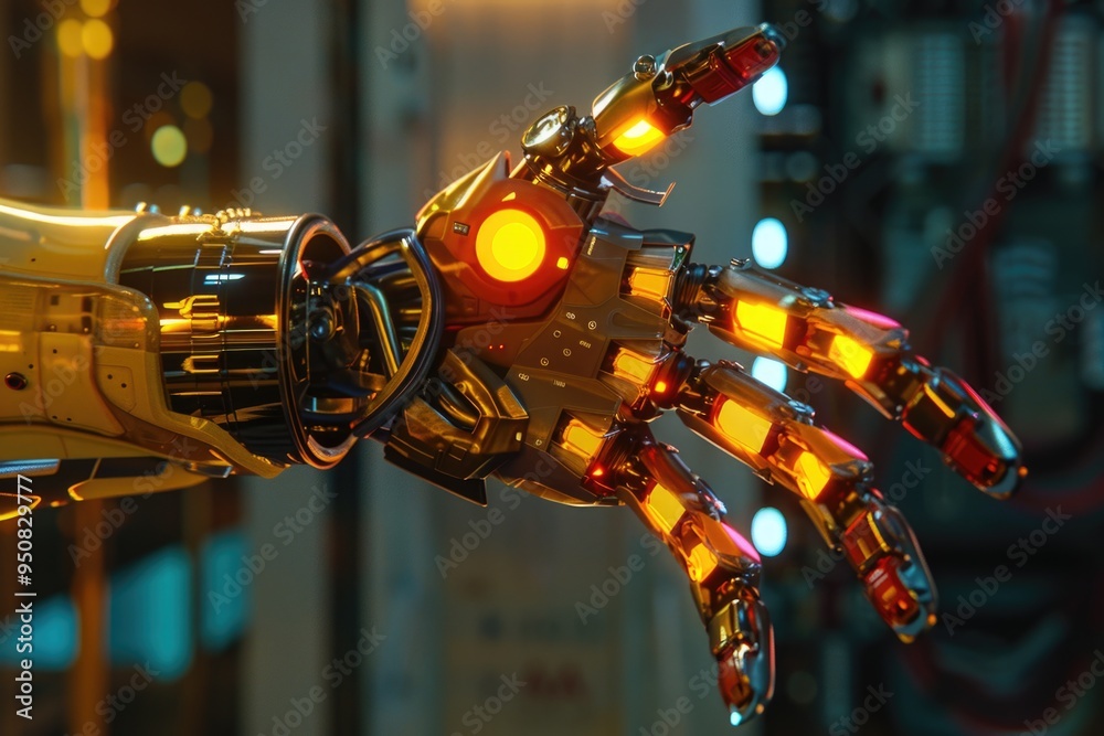 Poster a detailed view of a mechanical hand with bright, illuminated fingertips