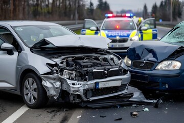 Road accident with severely damaged silver car, police car and debris on road