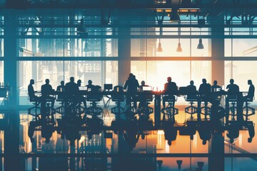 Group of people gathered around a table near a window, possibly for a meal or meeting