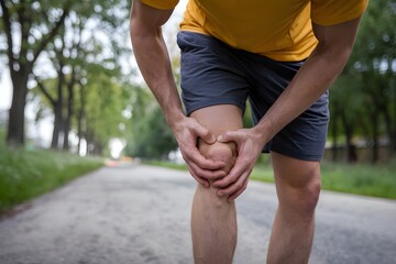 Man holding injured knee, blurred trees and pathway contrast with focused pain